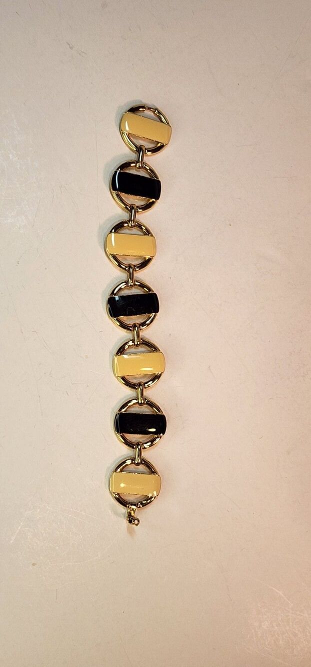 Lovely Monet Vintage Gold Tone Black & Cream Enamel Striped Bracelet Read